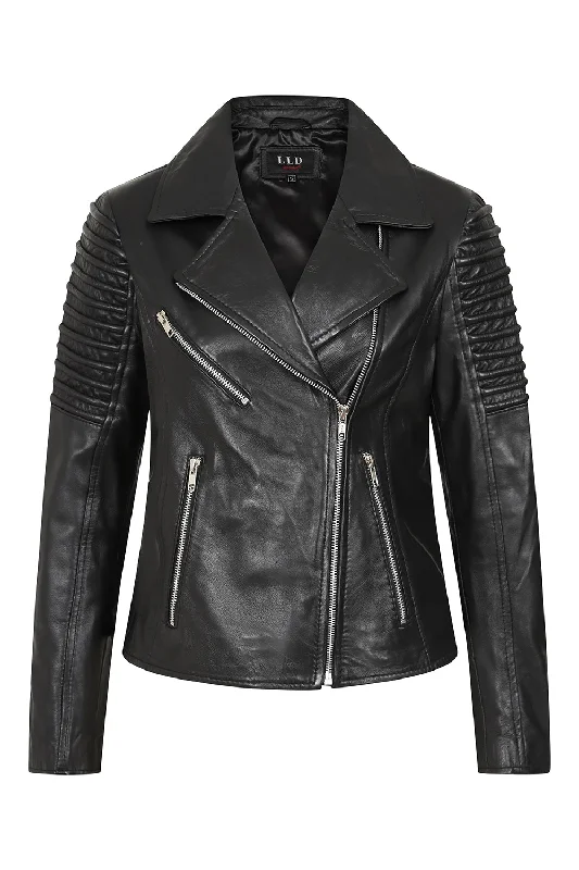 Women's Black Leather Biker Jacket - 'ROSIE' Toggled Jacket Drawstring Jacket Belted Jacket