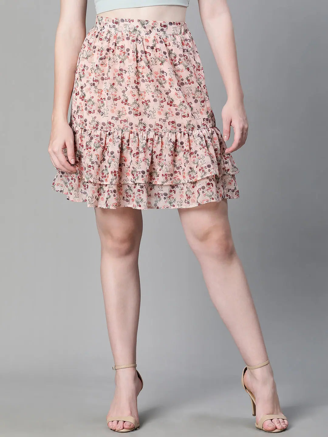 Women Peach Floral Print Elasticated Flared & Layered Short Party Wear Skirt midi skirt versatile