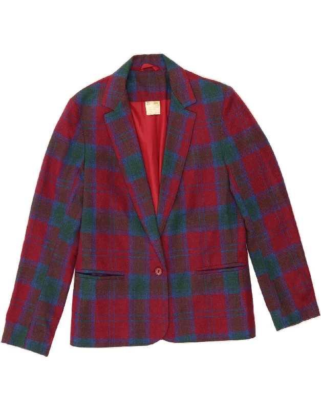 VINTAGE Womens 1 Button Blazer Jacket EU 36 Small Red Check Polyester Boat Neck Shawl Collar Notched Collar