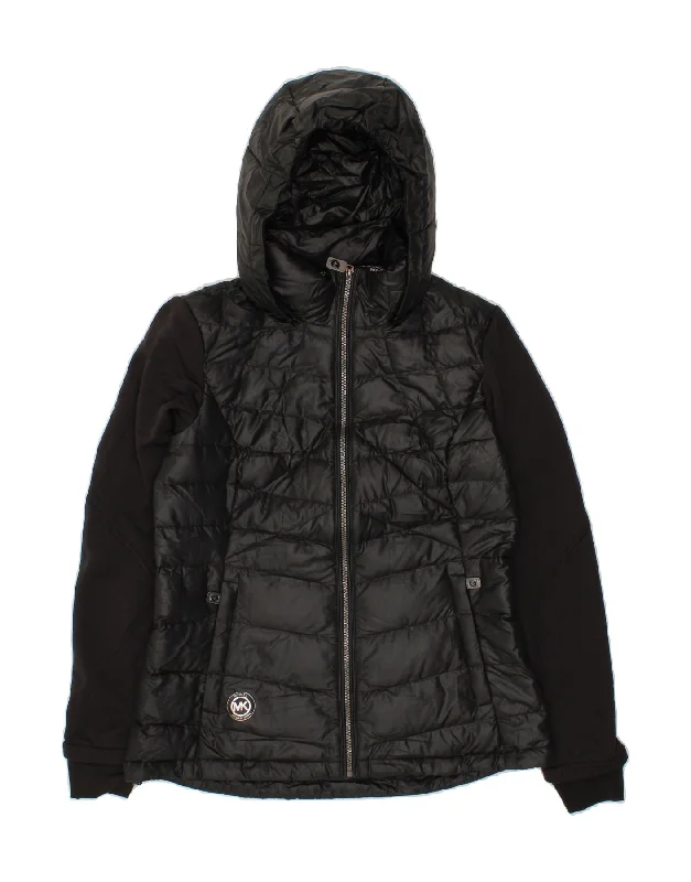 MICHAEL KORS Womens Hooded Padded Jacket UK 14 Medium Black Polyester Faux Fur Fabric Real Fur Fabric Shearling Fabric