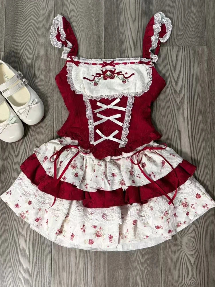 Advbridge France Vintage Slim Square Neck Print 2 Piece Set Women Sweet Cute Lace Bow Patchwork Tops Female + High Waist Short Skirt 2024 silk skirt lustrous