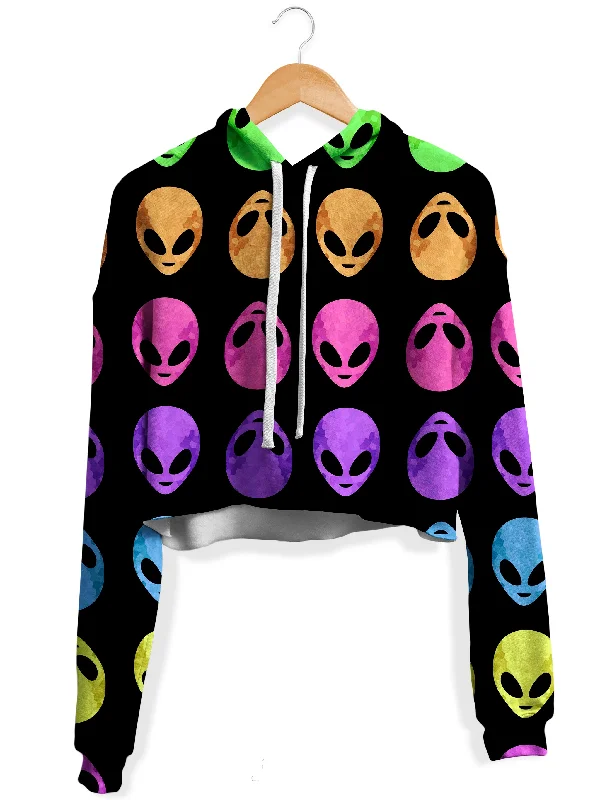 Alien Pattern Fleece Crop Hoodie Hoodie with Metallic Shiny Futuristic