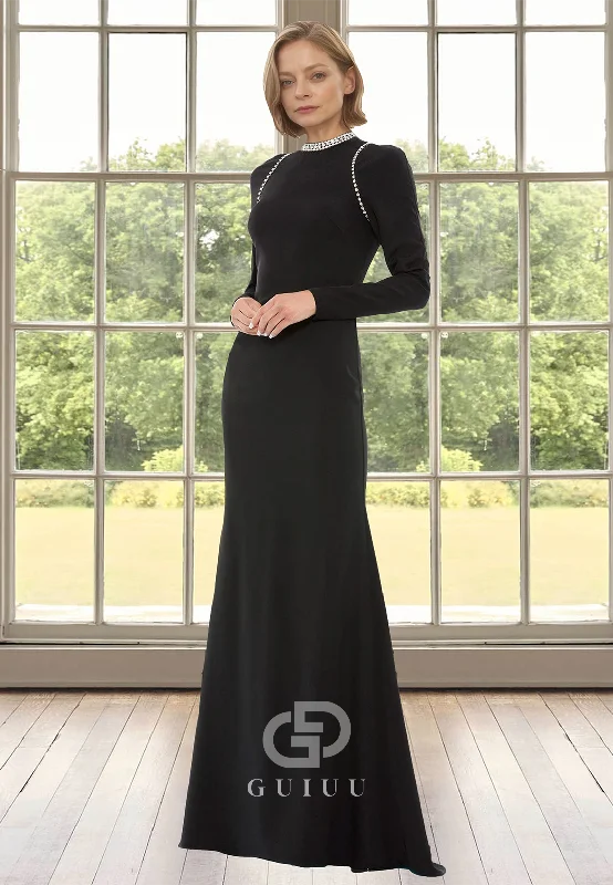 Black Scoop Long Sleeves Floor-Length Beads Satin Mother of the Bride Dress sweetheart Neckline Romantic