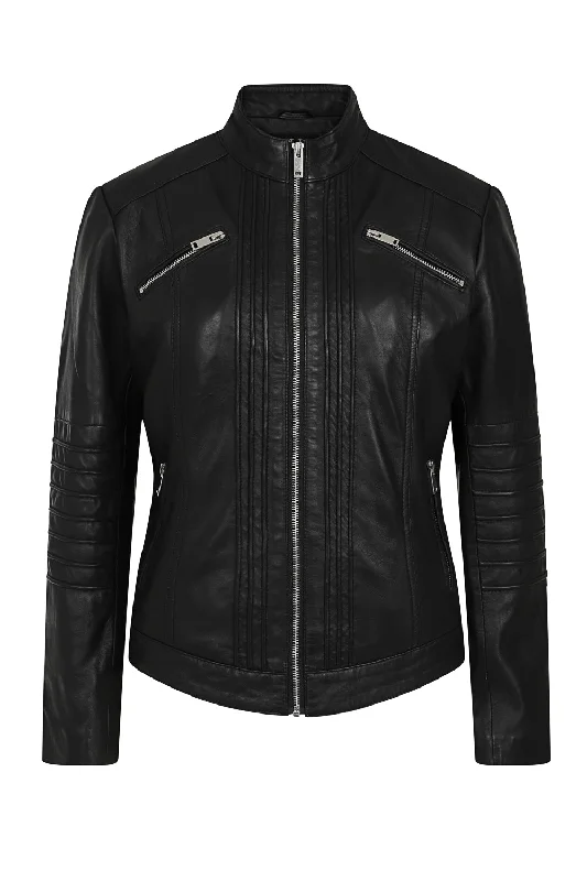 Women's Leather Biker Jacket with Stand Up Collar - ALMA Nylon Jacket Polyester Jacket Spandex Jacket