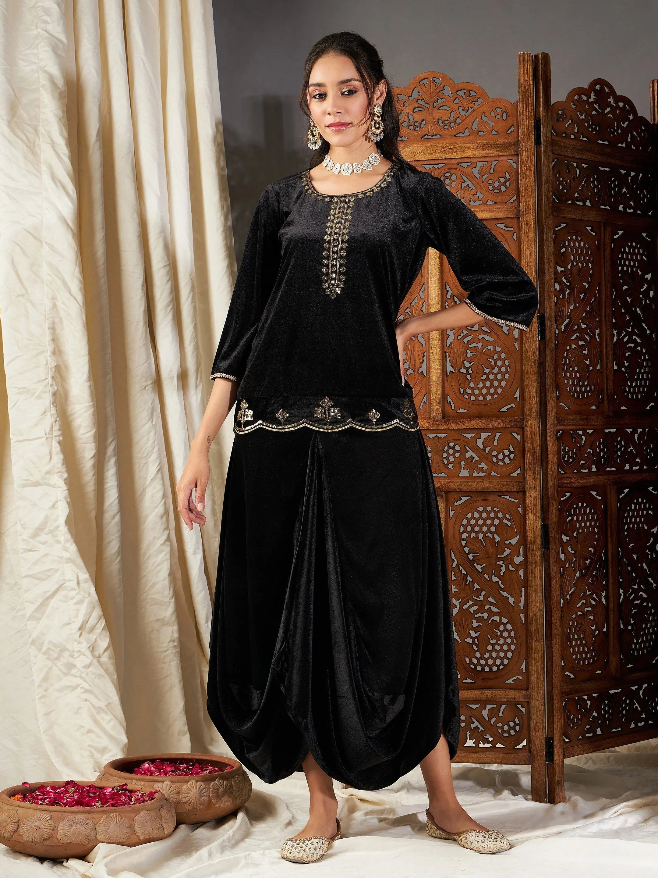 Women Black Velvet Embroidered Short Kurta With Dhoti Skirt silk skirt lustrous