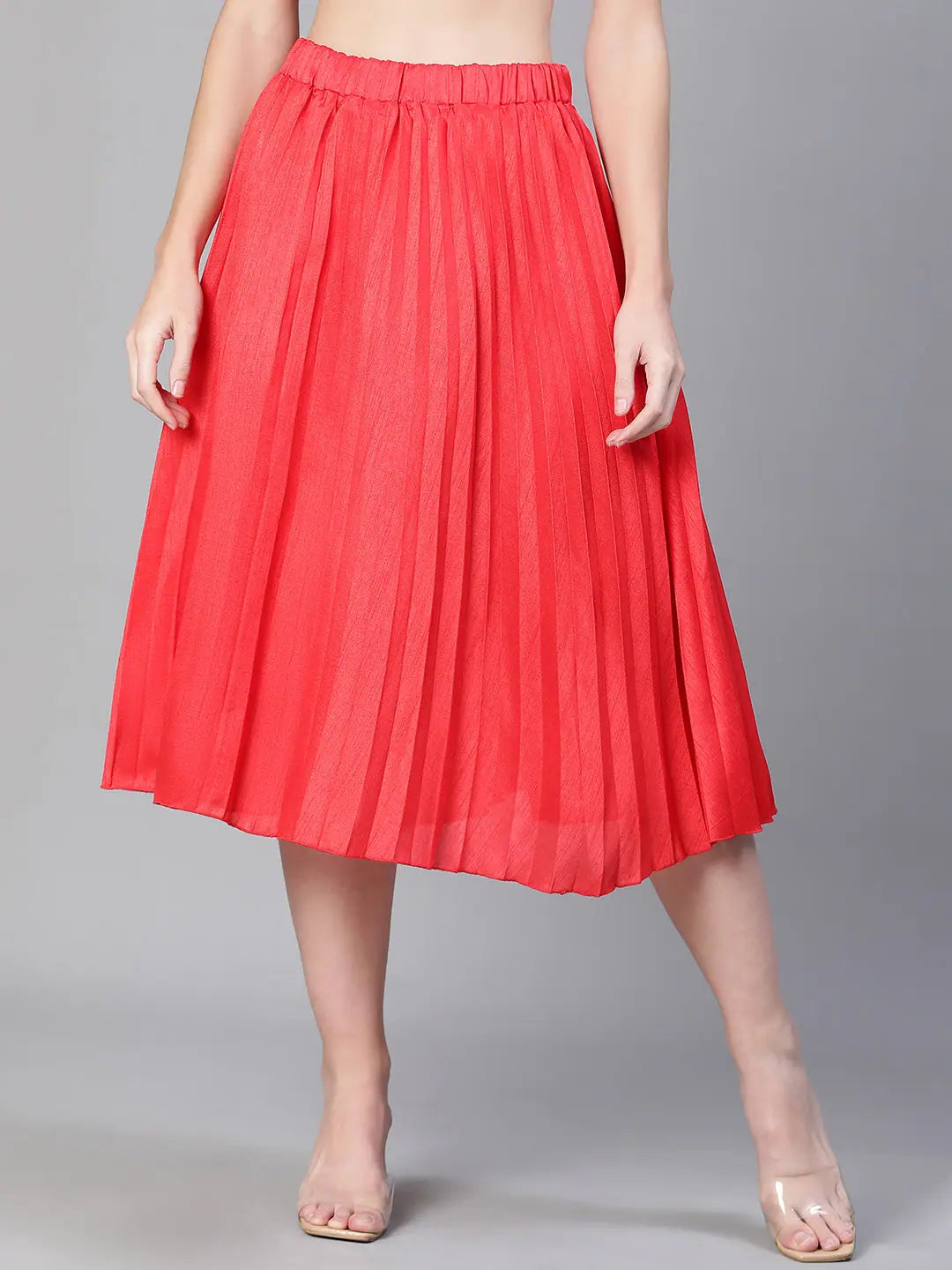 Women red dupion silk pleated & elasticated skirt slim fit skirt