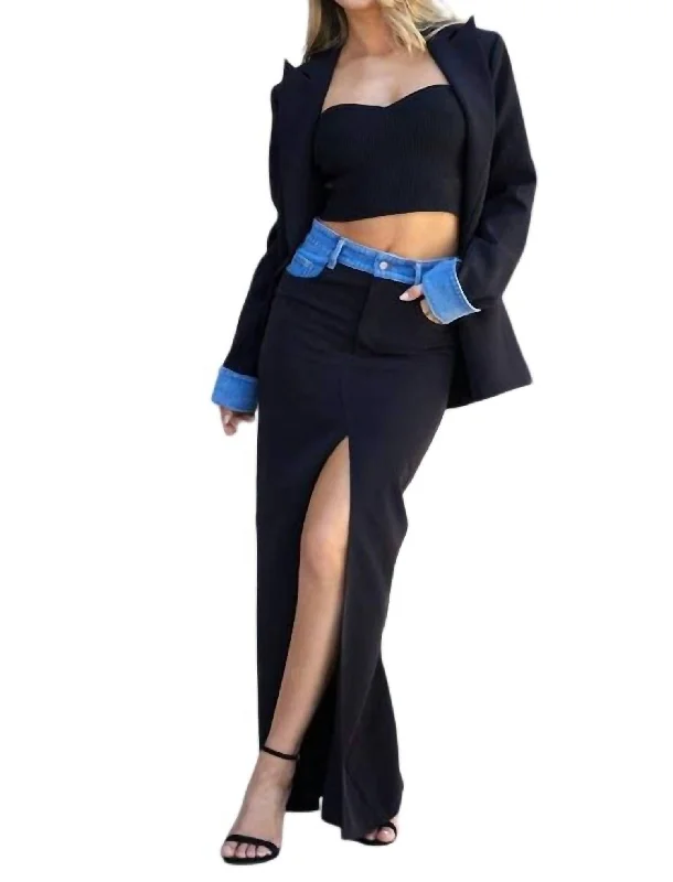 Denim Spliced Maxi Skirt In Black chiffon skirt floaty