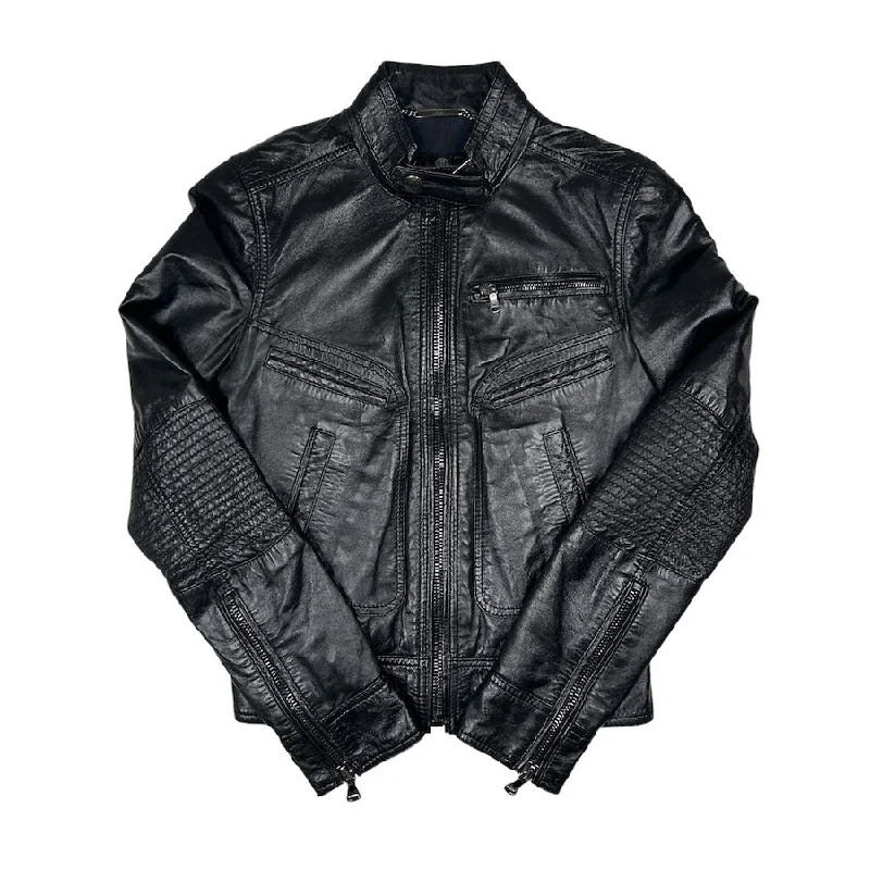 DOLCE & GABBANA LAMB LEATHER RIDERS JACKET - BLACK Print Jacket Jacquard Jacket Patchwork Jacket