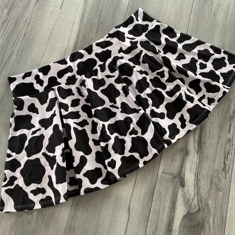 SALE - 3XL - 13" Skater Skirt - Black & White Cow Print silk skirt lustrous