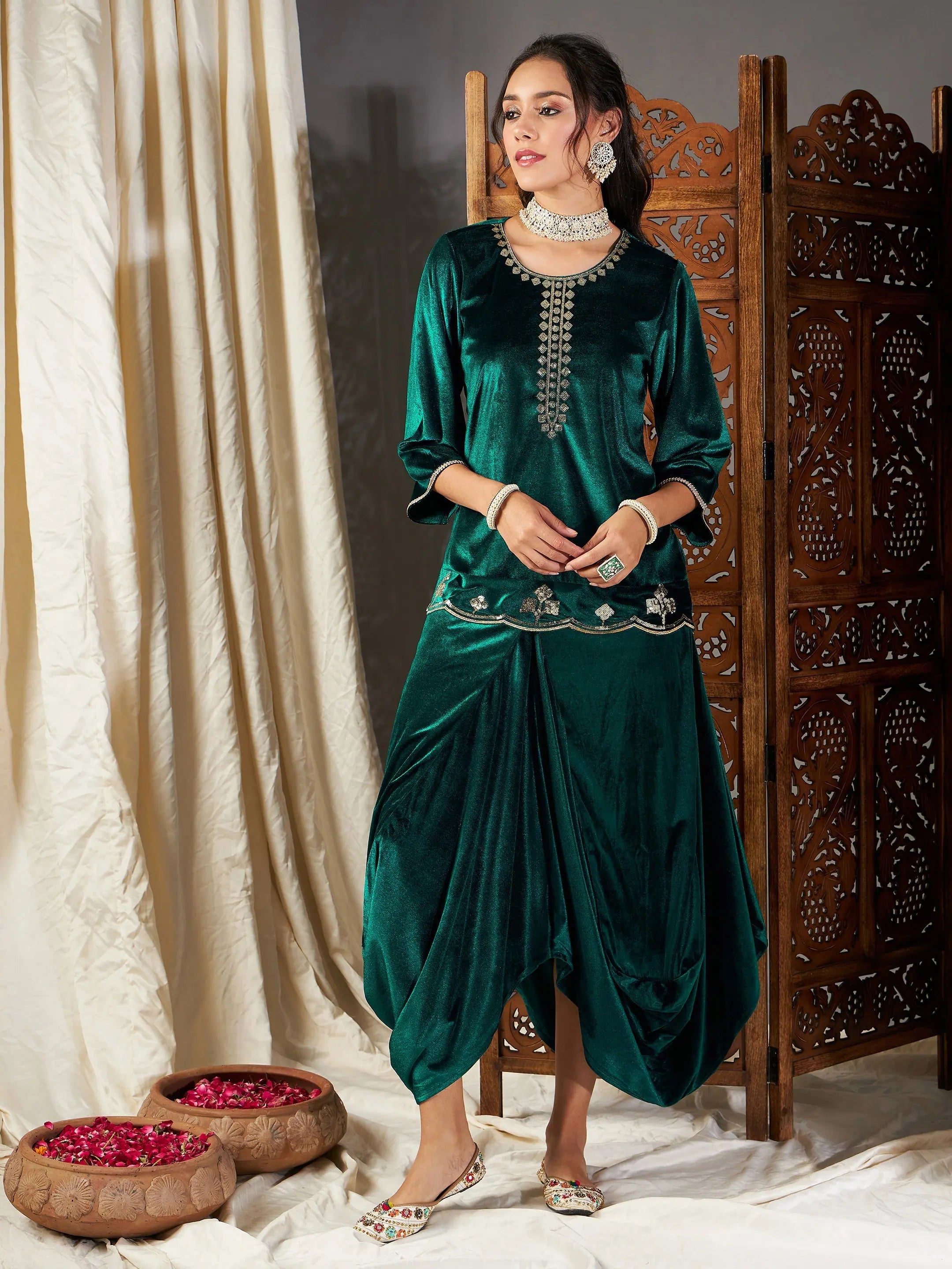 Women Green Velvet Embroidered Short Kurta With Dhoti Skirt velvet skirt luxurious