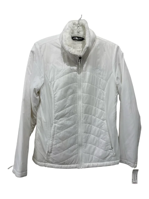 North Face Size S/P White Nylon & Polyester Mock Neck Fur inside Zip Up Jacket Zip Front Button Front Snap Front