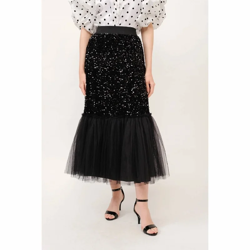 Sequins Maxi Skirt With Tulle Layers In Black wool skirt breathable