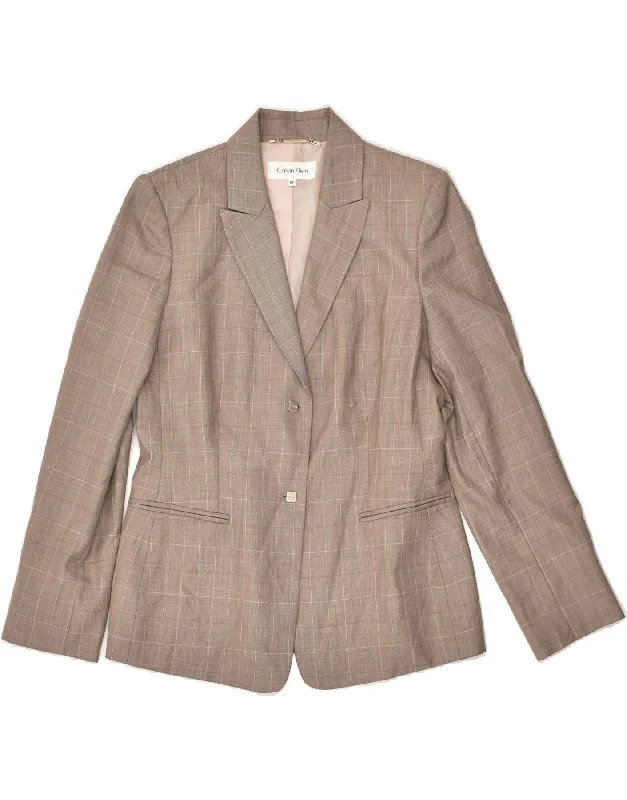 CALVIN KLEIN Womens Petite 2 Button Blazer Jacket UK 8 Small Brown Check Hoodie Zip-Up Jacket Button-Up Jacket