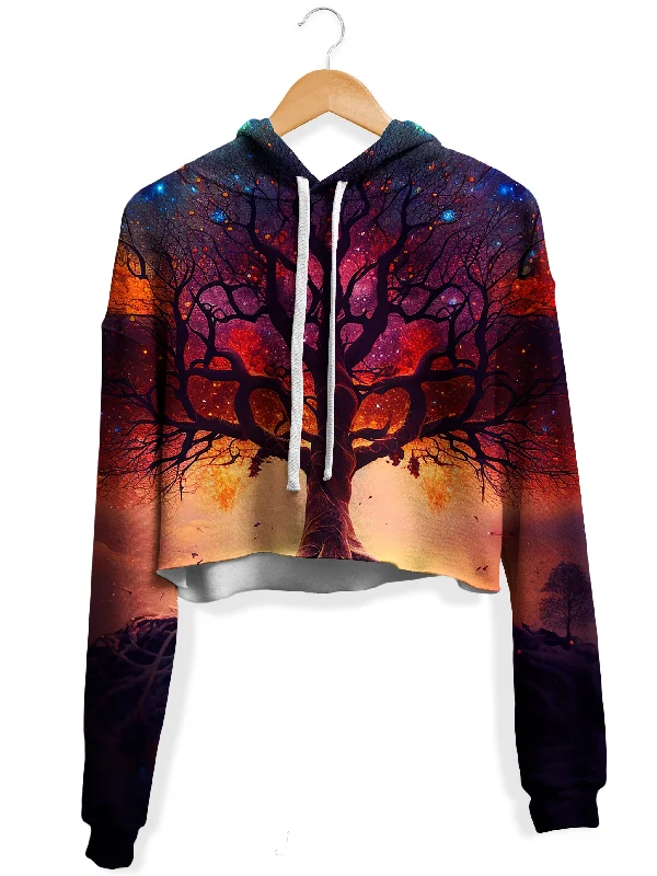 Sunset Fractal Tree Fleece Crop Hoodie Hoodie with Drop Shoulder Relaxed Streetwear