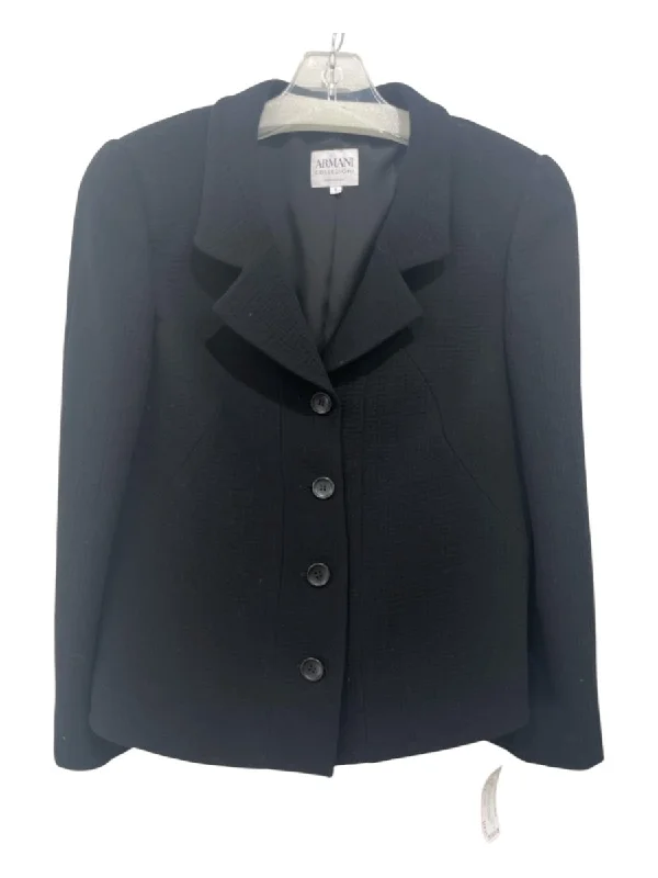 Armani Collezioni Size 8 Black Wool Textured 4 Button Front Blazer Jacket Toggled Jacket Drawstring Jacket Belted Jacket