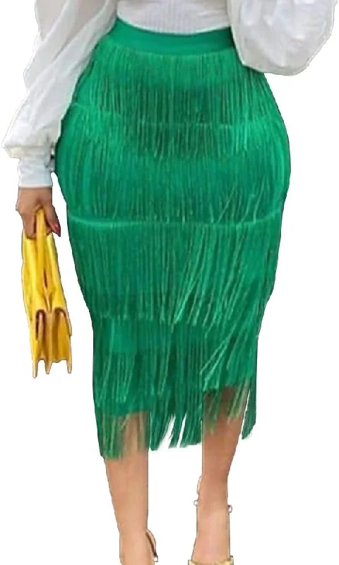 Sexy Green Fringe Midi Skirt wool skirt sturdy