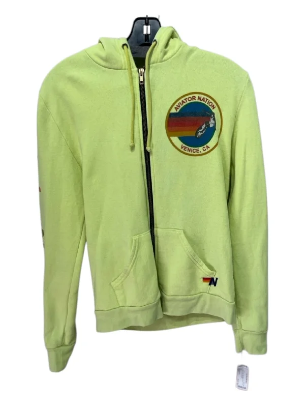 Aviator Nation Size M Neon Green Cotton Blend Zip Up Long Sleeve Hood Jacket Zippered Front Buttoned Front Snap Front