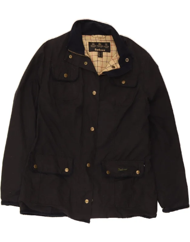 BARBOUR Womens Utility Jacket UK 14 Large Navy Blue Cotton Denim Jacket Leather Jacket Suede Jacket