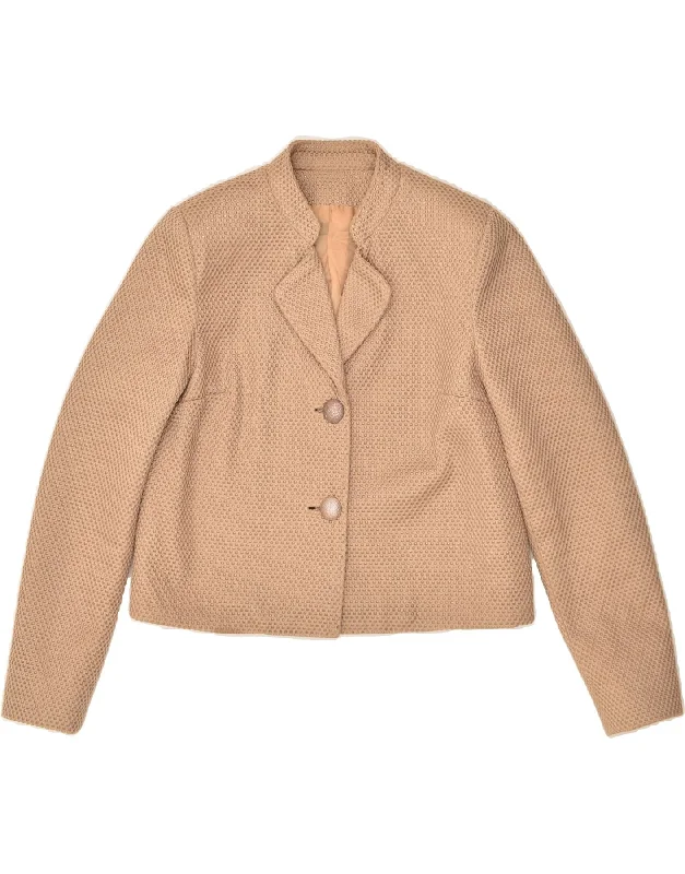 VINTAGE Womens 2 Button Blazer Jacket UK 10 Small Beige Polka Dot Cardigan Sweater Pullover