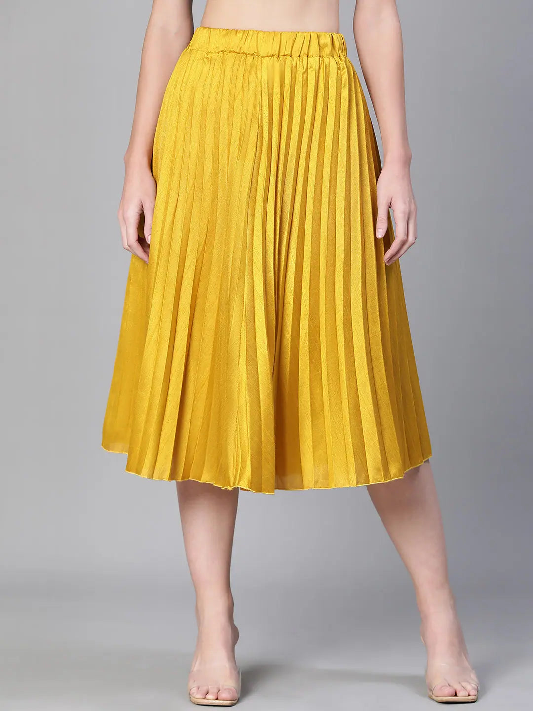 Women mustard dupion silk pleated & elasticated skirt relaxed fit skirt