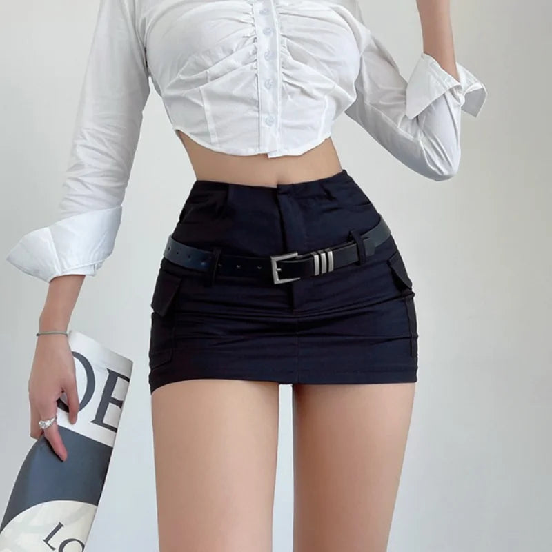 Advbridge Black Mini Skirt Women Summer High Waist Slim Wrap Hip Belt A Line Skirt Shorts Elegant Korean Fashion Simple Casual Y2K corduroy skirt durable