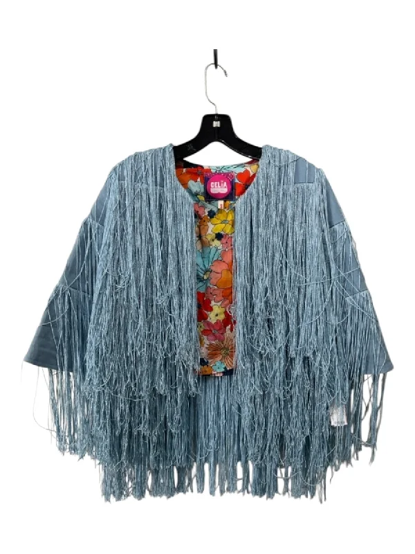 Celia B Size S Light Blue Metallic Blend Fringe Silver Shimmer Jacket Fleece Fabric Down Fabric Feather Fabric