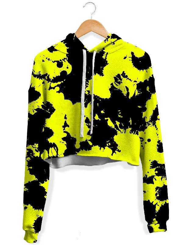 Yellow and Black Paint Splatter Fleece Crop Hoodie Hoodie with Thumb Holes Functional Cozy