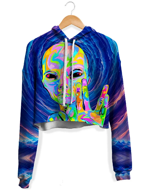 I Come in Peace Fleece Crop Hoodie Hoodie with Metallic Shiny Futuristic