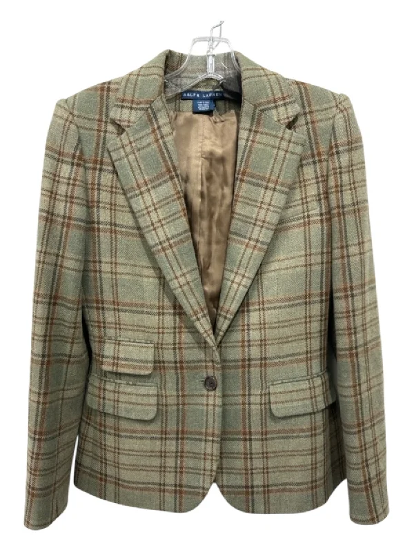 Ralph Lauren Size 4 Green & Brown Wool Long Sleeve Plaid One Button Lapel Jacket Stand-Up Collar Roll-Neck Collar Turtle Neck