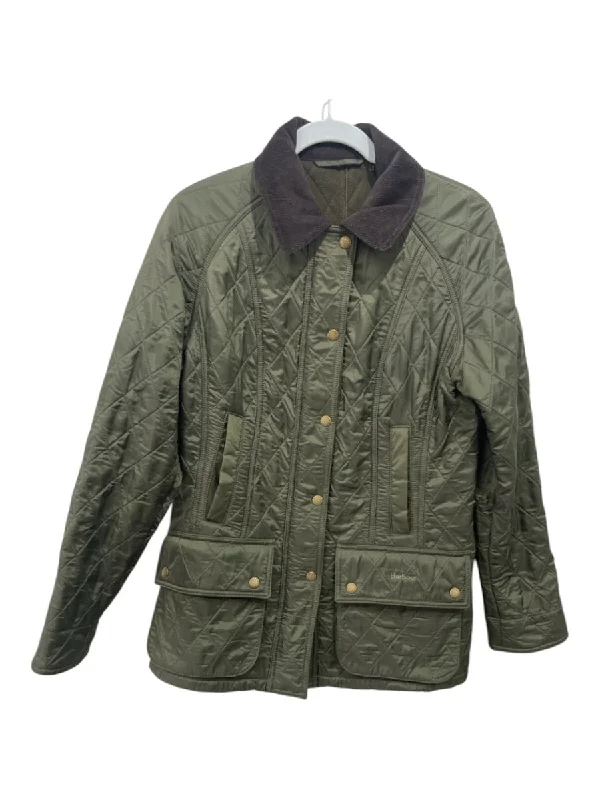 Barbour Size 6 Olive Green Polyamide Diamond Quilted Flap Pocket Corduroy Jacket Chenille Jacket Brocade Jacket Lace Jacket