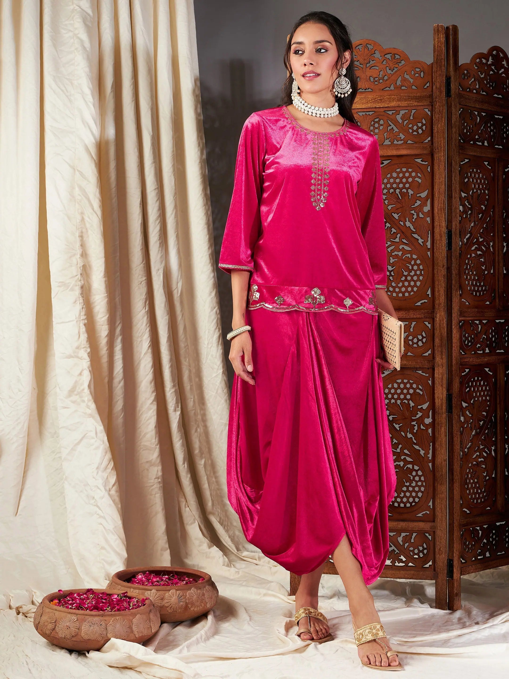 Women Fuchsia Velvet Embroidered Short Kurta With Dhoti Skirt lace skirt intricate