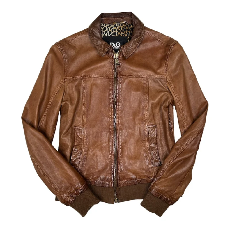 DOLCE & GABBANA LAMB LEATHER BROWN DENIM JACKET Ribbed Jacket Pleated Jacket Ruffled Jacket