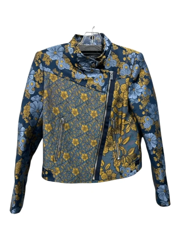 Zara Size Small Blue & Gold Polyester Blend Metallic Floral Zipper Jacket Corduroy Jacket Velvet Jacket Brocade Jacket