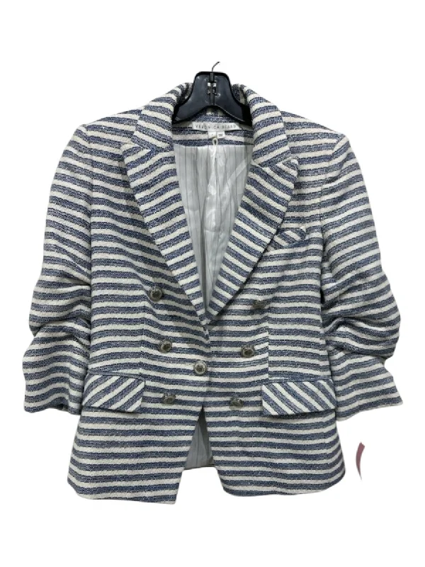 Veronica Beard Size 6 White & Blue Cotton Blend Stripe Metallic Detail Jacket Denim Jacket Leather Jacket Suede Jacket