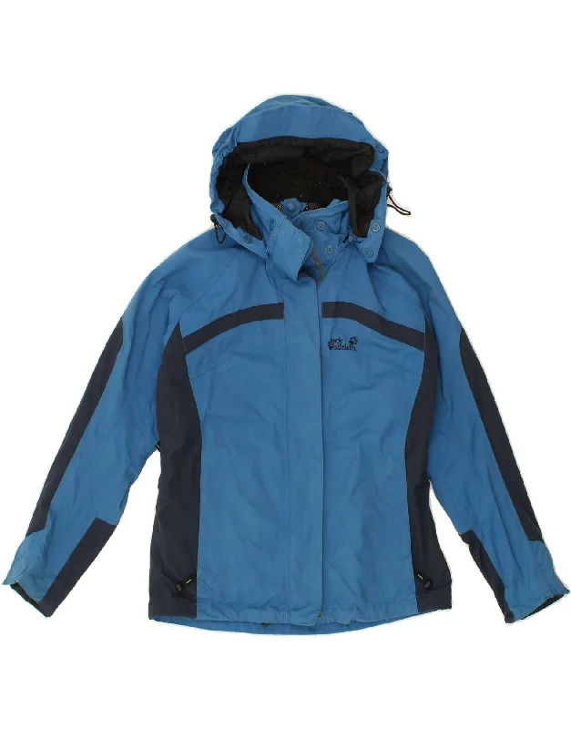 JACK WOLFSKIN Womens Hooded Rain Jacket UK 10 Small Blue Colourblock Snapped Jacket Toggled Jacket Drawstring Jacket