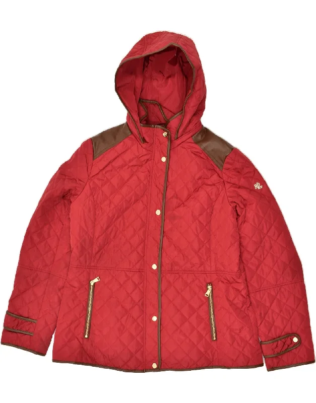 RALPH LAUREN Womens Hooded Quilted Jacket UK 18 XL Red Polyester Wool Jacket Cashmere Jacket Tweed Jacket