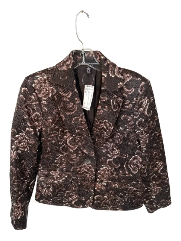 Ellen Tracy Size 6P Brown & Tan Cotton & Silk Flowers One Button Jacket Hoodie Zip-Up Jacket Button-Up Jacket