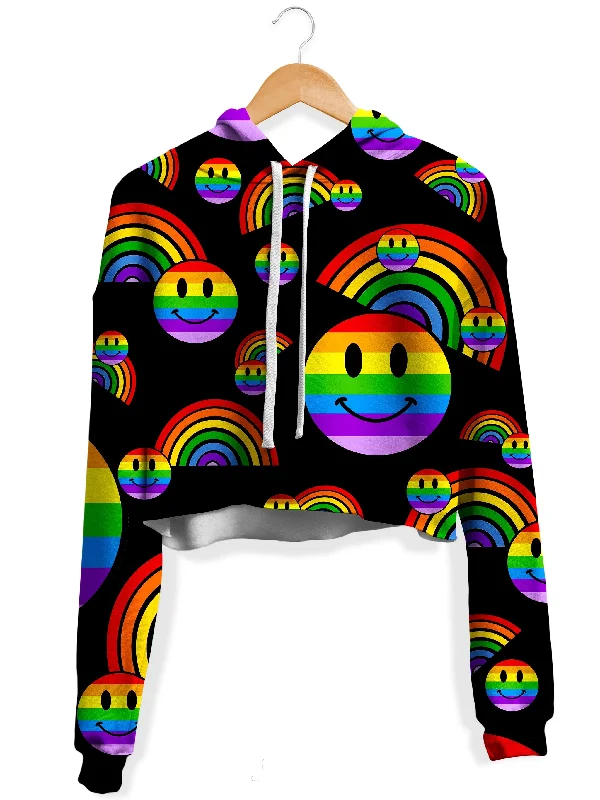 Rainbow Love Fleece Crop Hoodie Hoodie with Distressed Vintage Worn