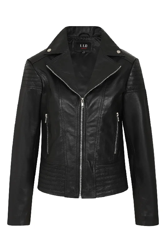 Women's Black smart Real Leather Biker Jacket - SUZY Front Pockets Side Pockets Patch Pockets