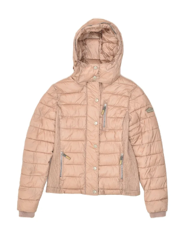 SUPERDRY Womens Hooded Padded Jacket UK 12 Medium Beige Nylon Fleece Jacket Down Jacket Feather Jacket