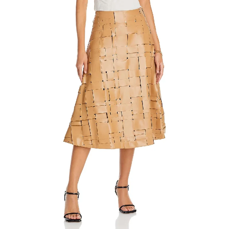 Womens Faux Leather Woven Midi Skirt satin skirt smooth