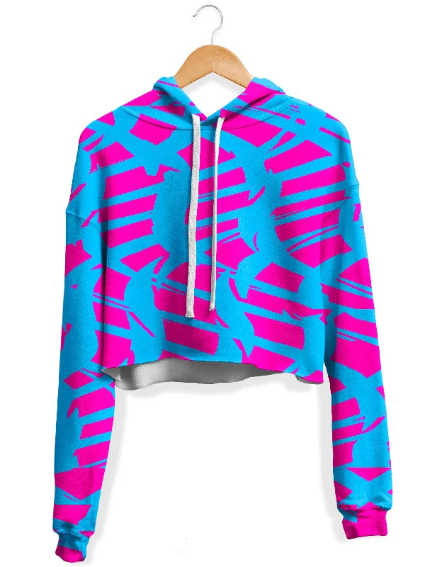 Pink and Blue Squiggly Rave Checkered Fleece Crop Hoodie Hoodie with Embroidery Detailed Premium