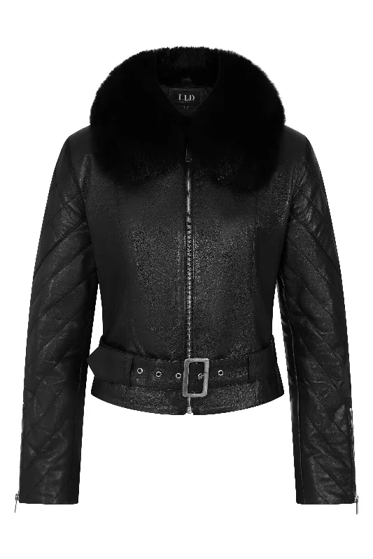 Women's Black Nappa Leather Fur Collar Biker Jacket - Lucky Faux Fur Jacket Real Fur Jacket Shearling Jacket