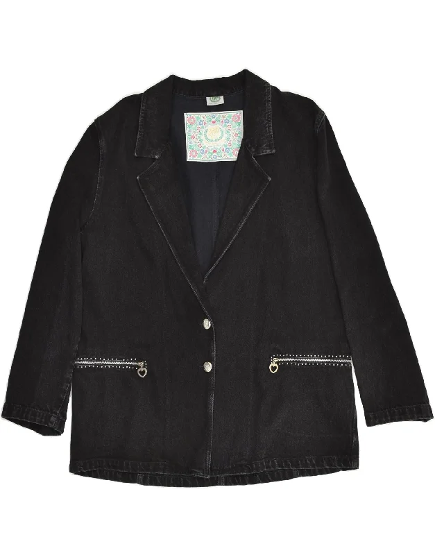 VINTAGE Womens 2 Button Denim Blazer Jacket UK 18 XL Black Cotton Jacket Blazer Coat