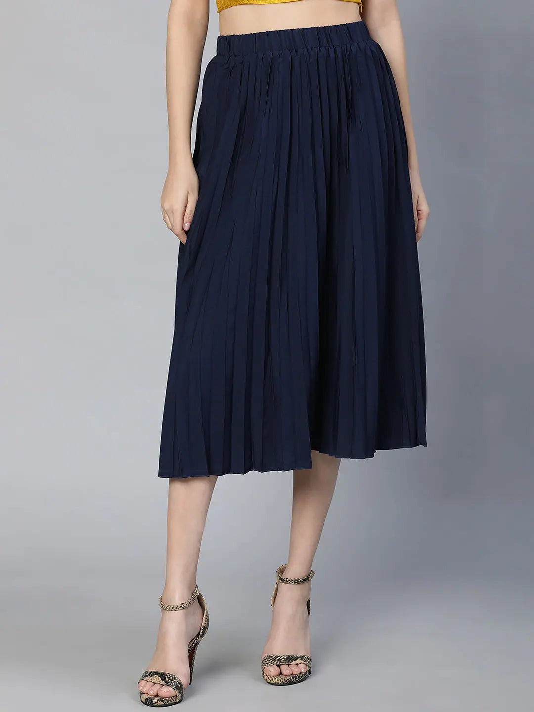 Women solid navy blue pleated & elasticated polyester skirt flowy skirt hem