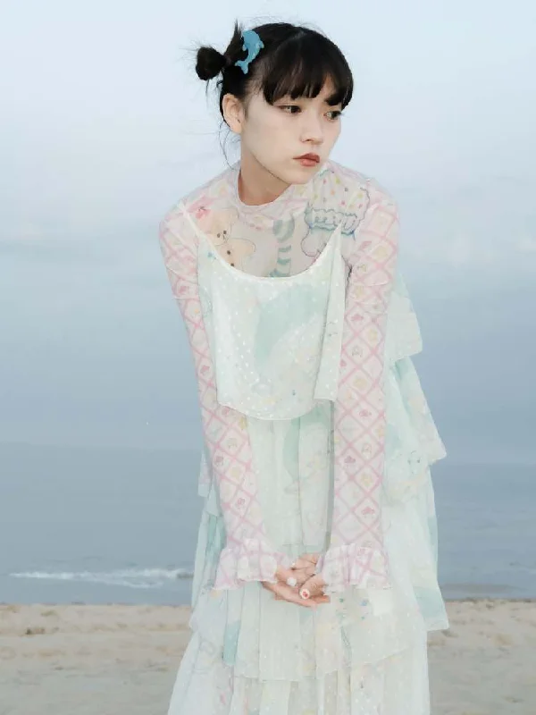 Hand Drawn Dolphin Print Tulle Layered Cake Cami Dress【s0000007754】 Tunics Sophisticated sleek