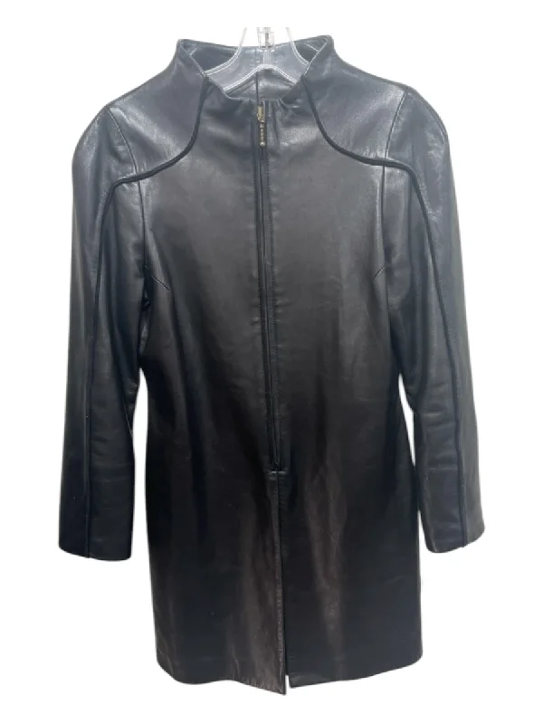 Linda Loudermilk Size 6 Black Leather Zip Darted Hip Length Jacket Satin Jacket Silk Jacket Chiffon Jacket