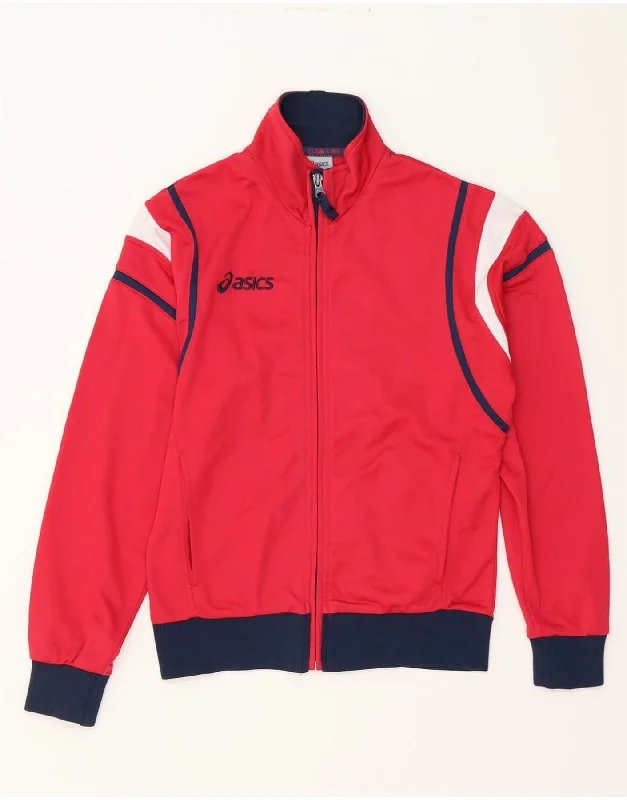 ASICS Womens Graphic Tracksuit Top Jacket UK 14 Medium Red Colourblock Mesh Jacket Canvas Jacket Denim Jacket