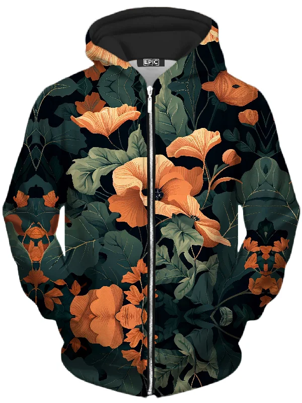 Tangerine Floral Unisex Zip-Up Hoodie Hoodie with Elastic Waist Stretchable Comfortable