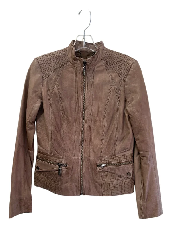 Bernardo Size XS Brown Leather High Collar Zip Pocket Gun metal hardware Jacket Lace Jacket Ribbed Jacket Sequined Jacket